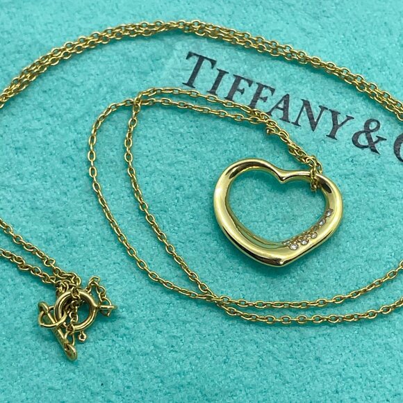 Tiffany & Co. Peretti 18K Gold Diamond 15mm Open Heart Pendant Necklace 18" - Picture 13 of 13